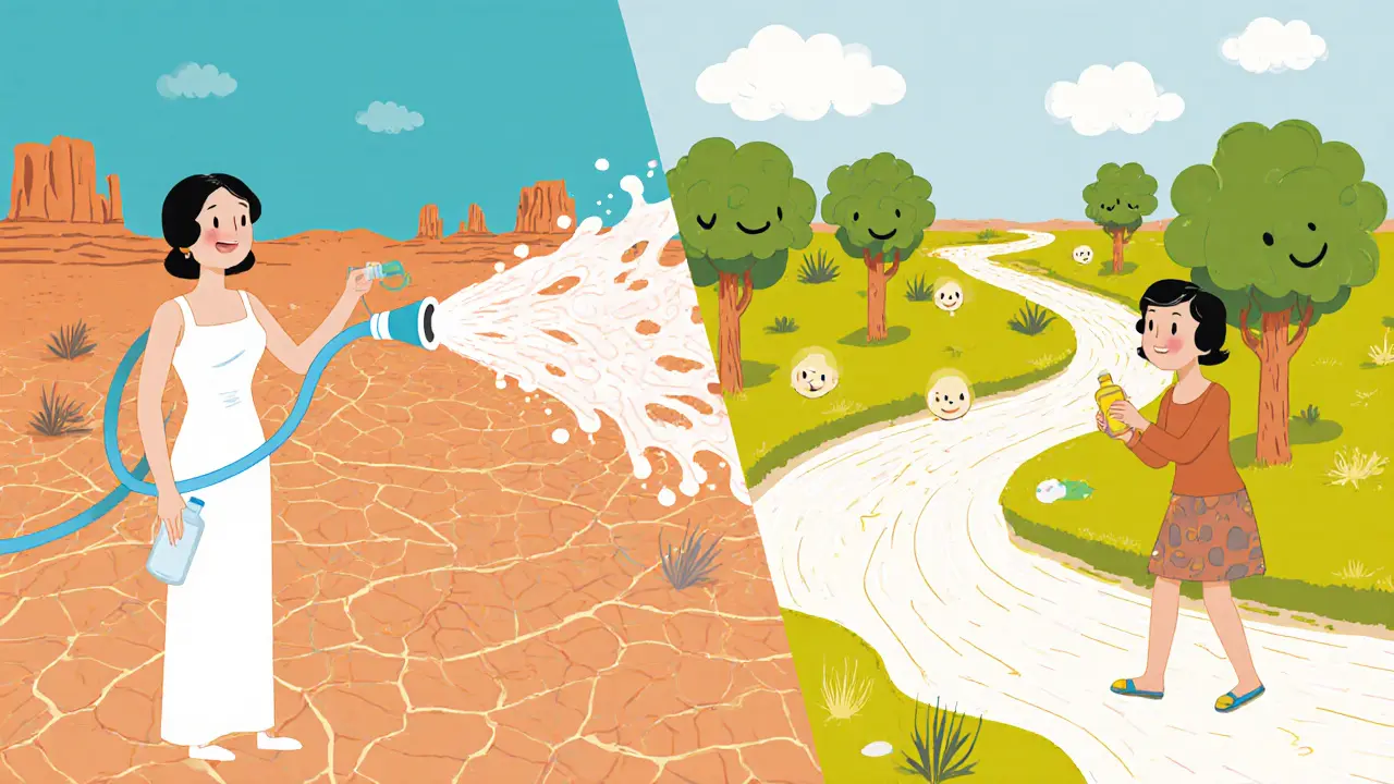 Сравнение: одна женщина сушит кожу спиртом, другая восстанавливает её кремом с липидами — в стиле мультяшной анимации.