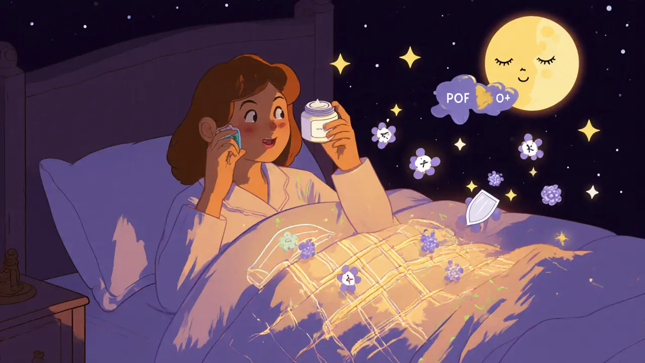 Женщина наносит ночной крем, её кожа превращается в светящуюся ткань из пептидов и церамидов, вокруг танцуют молекулы.