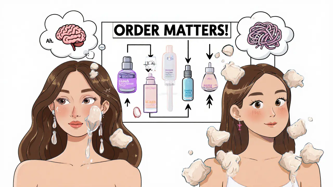 Две женщины: одна с идеальным макияжем, другая — с комками крема, между ними знак &#039;Порядок важнее&#039;.