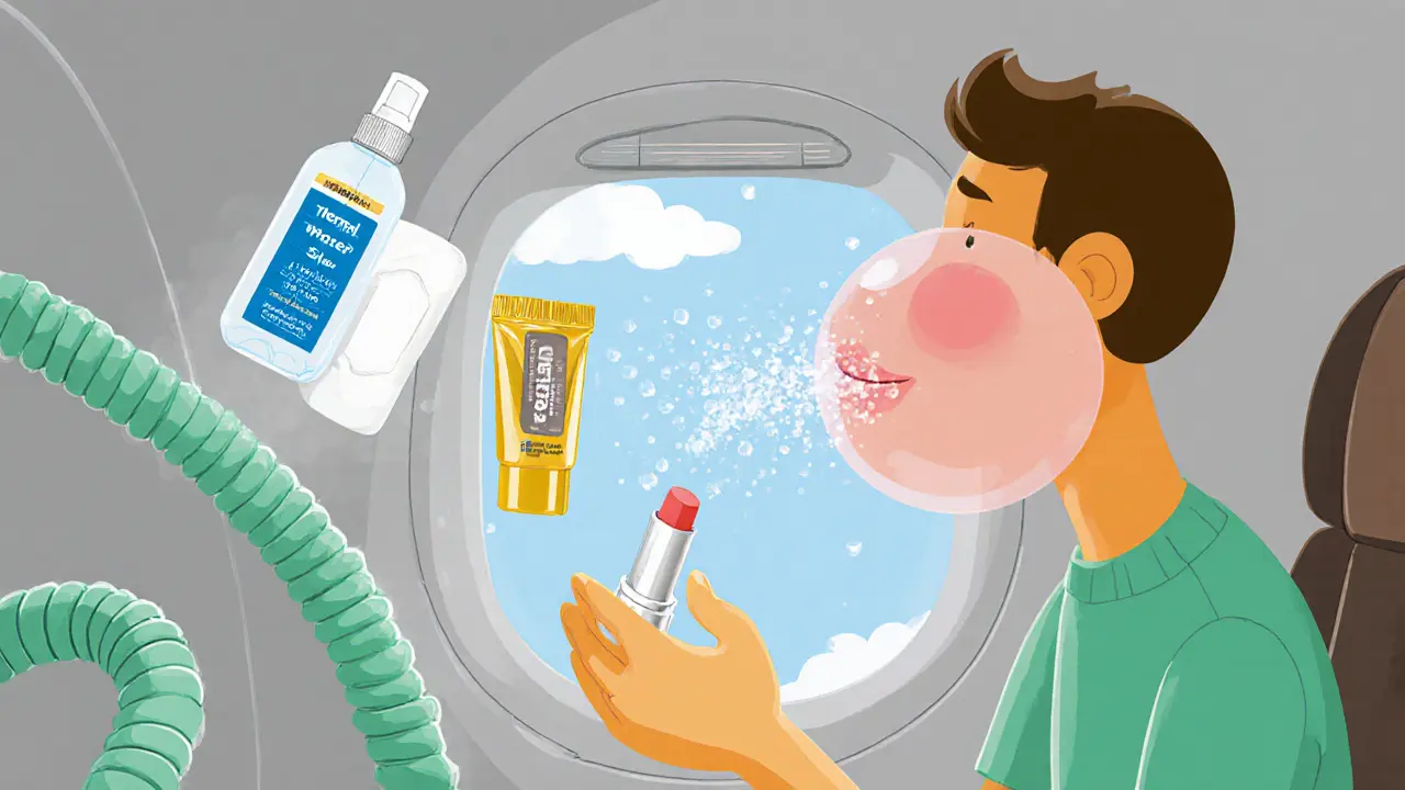 Пассажир в самолете использует термальную воду и бальзам, вокруг — испаряющаяся влага.