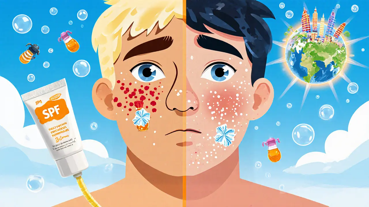 Сравнение: жирная кожа с высыпаниями от SPF 50 и чистая кожа с SPF 30 и витаминами, в стиле мультфильма.