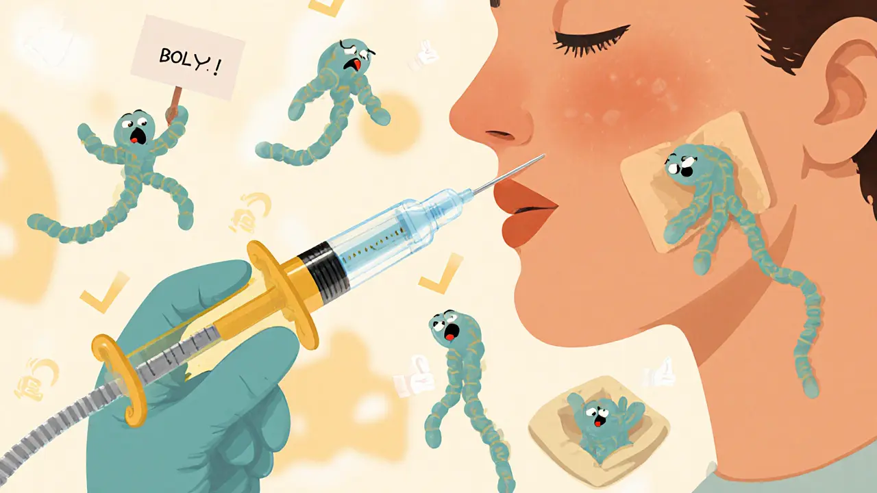 Тонкая игла вводит анестетик в щеку, нервные окончания расслабляются в виде смешных червячков