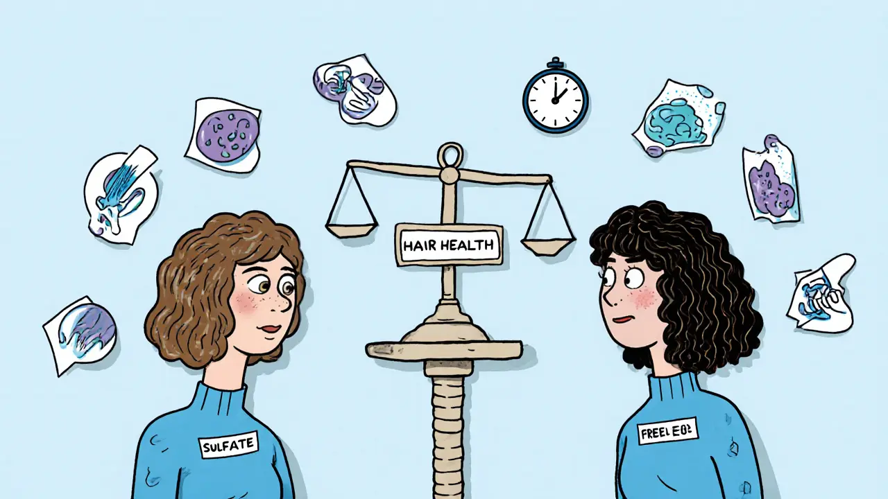 Женщина с двумя головами: одна с жирными, другая с сухими волосами — между ними баланс здоровья волос.