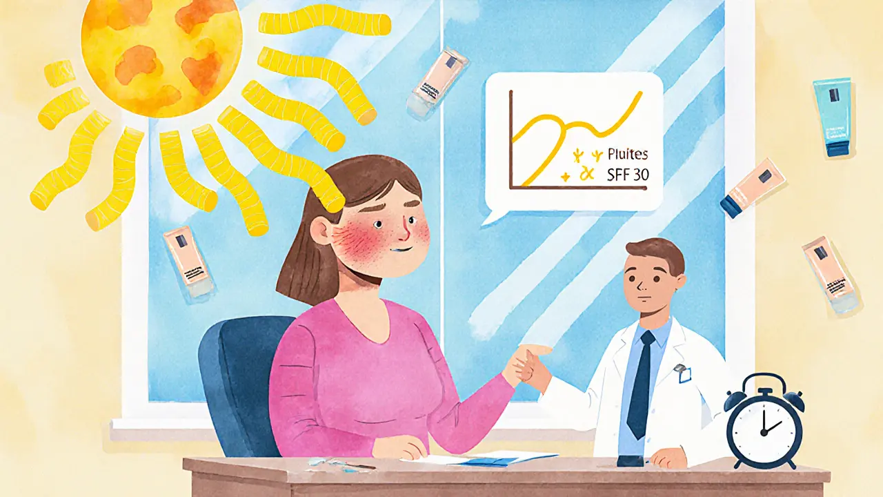 Женщина у окна, УФ-лучи разрушают её кожу, рядом — диаграмма снизжения признаков старения на 24%.