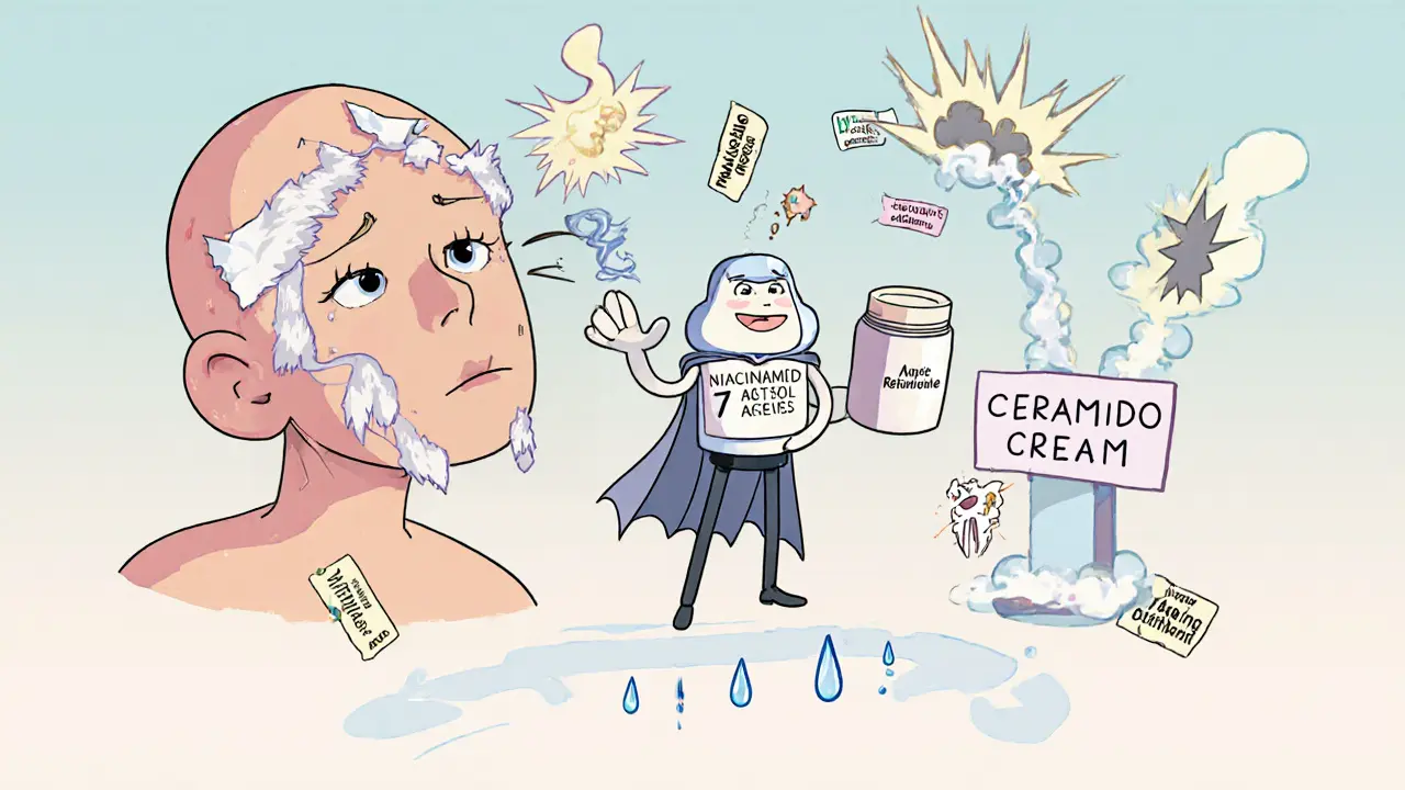 Лицо с шелушащейся кожей окружено взрывающимися ингредиентами, а спаситель — крем с плащом и табличкой &#039;7 дней отдыха&#039;.