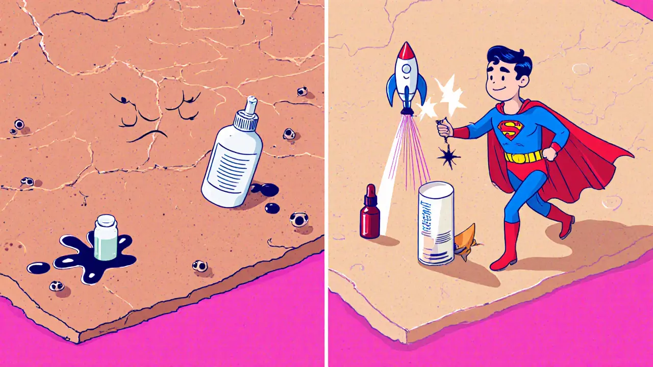 Сравнение сухой кожи и здоровой — тоник как супергерой помогает сывороткам впитаться.