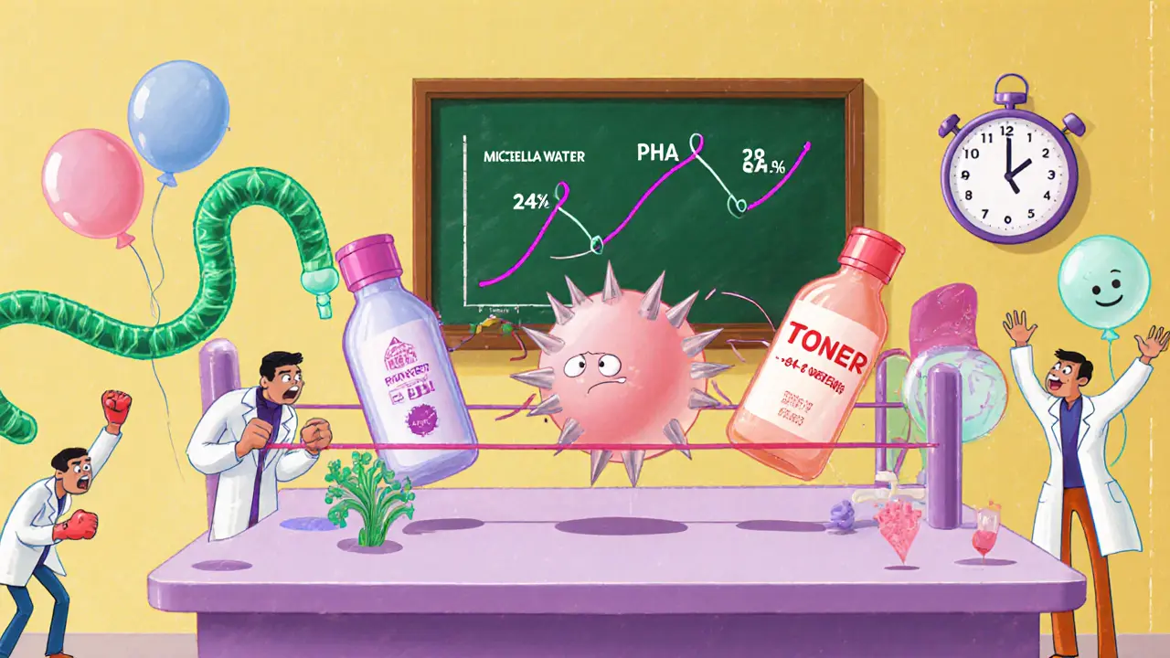 Тоник побеждает мицеллярную воду и лосьон в боксёрском ринге, всё в стиле резиновой анимации.