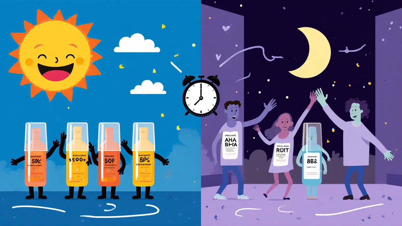 Утро: витамин С и феруловая кислота под солнцем, вечер: ретинол и кислоты под луной — разделены временем.