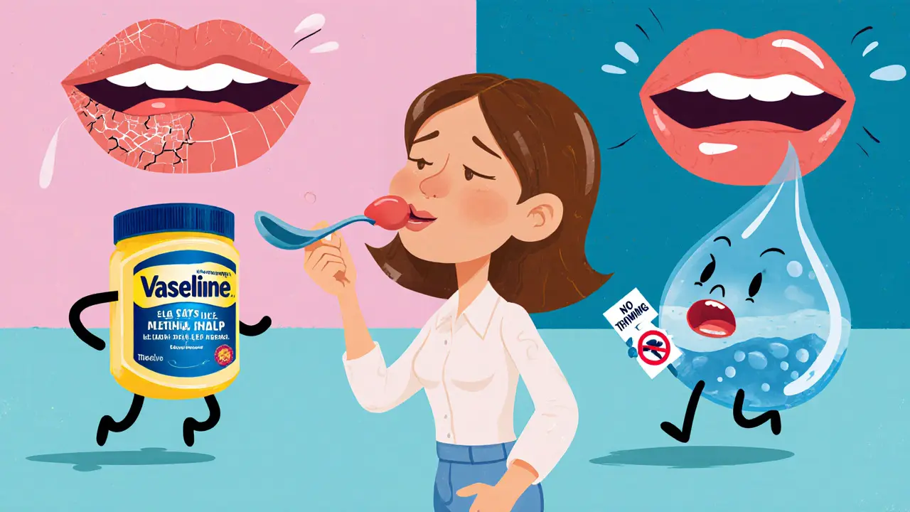 Вазелин спасает губы от агрессивного спирта, который убегает в панике.