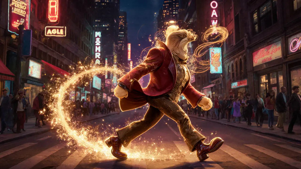 Яркая фигура с дымовым плащом и ароматным следом, уверенно идёт по городу в темноте.