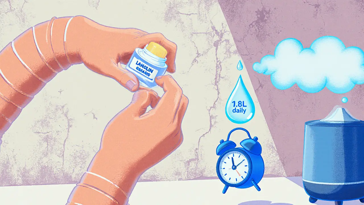 Человек наносит уход за губами перед сном, рядом — капля воды и увлажнитель, в комнате трескается штукатурка.