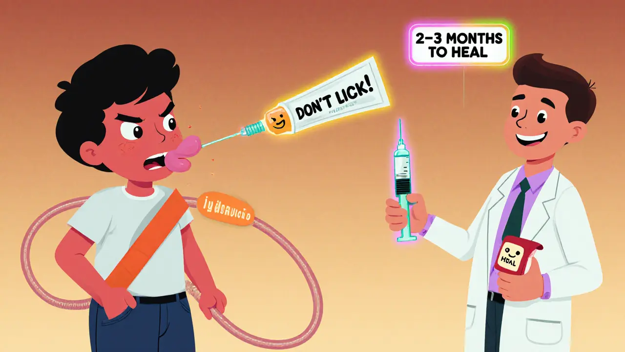 Человека отталкивает невидимая резинка от облизывания губ, в кармане — бальзам Botavikos, рядом врач с инъекцией.