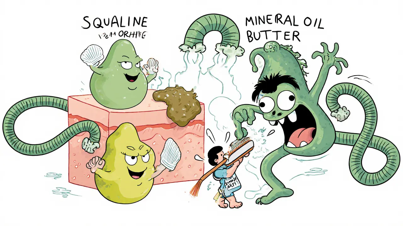Дружелюбные масла сражаются с вредными ингредиентами на фоне кожи, в мультяшном стиле.
