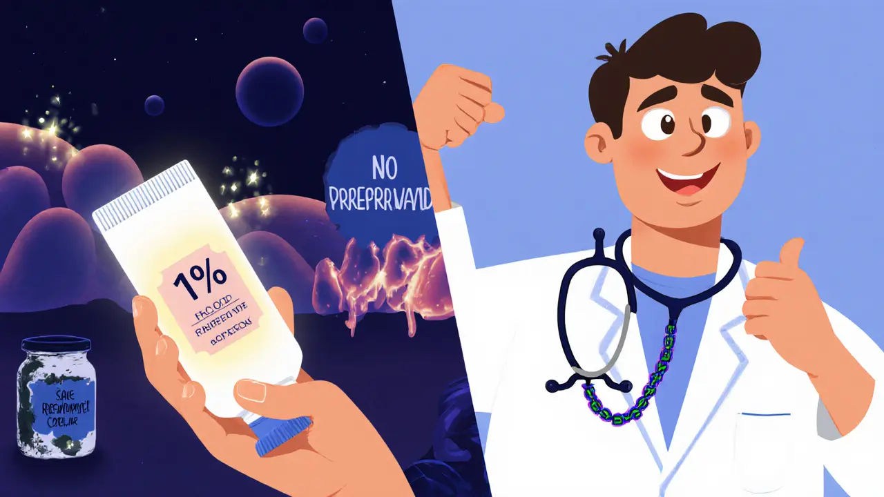 Ребёнок наносит крем с маркировкой 1%, врач одобряет, фон — безопасная кожа против плесени.