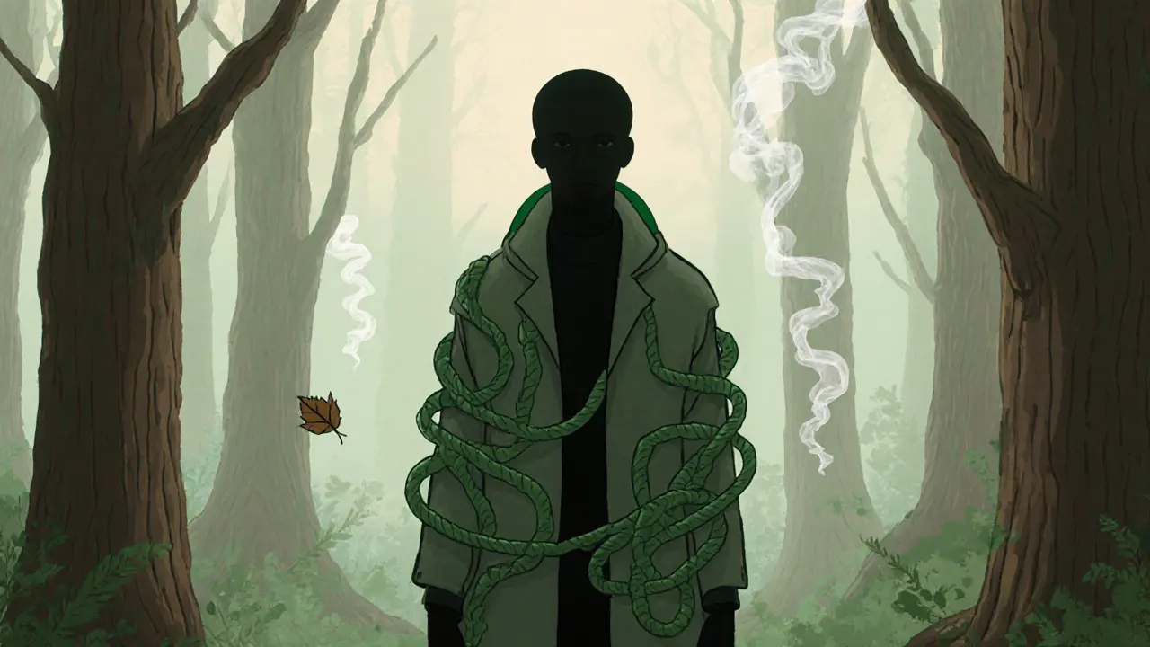 Спокойная фигура среди деревьев, словно часть леса, передаёт внутреннюю силу и уют.