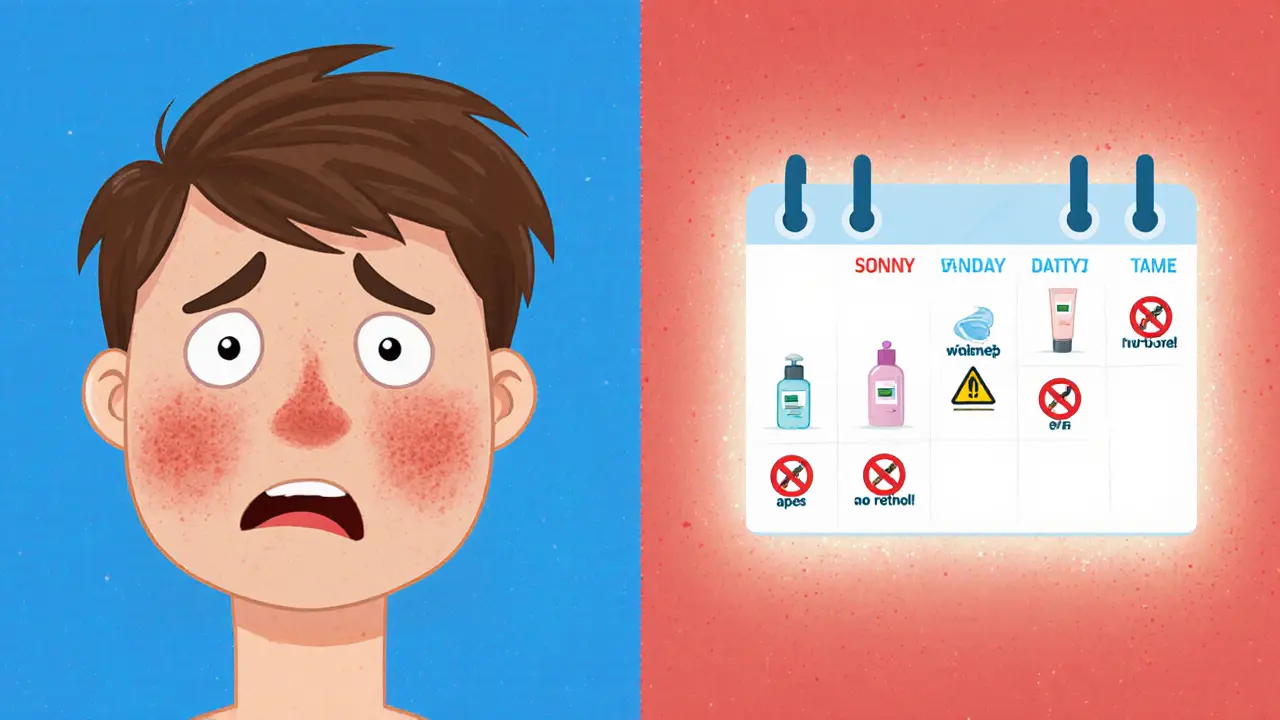 Сравнение раздражённой кожи и подготовленной кожи с календарём ухода за 7 дней.