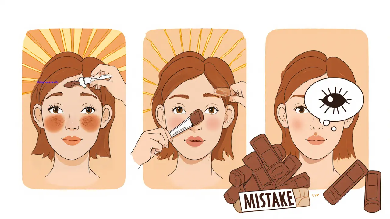 Три шага нанесения бронзера: лоб, скулы, подбородок — изображены как гибкие золотые ленты в мультяшном стиле.