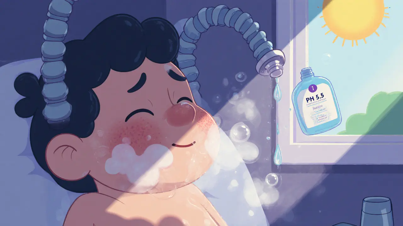 Утреннее умывание прохладной водой с мягким гелем, щеки радуются, нос спокоен.