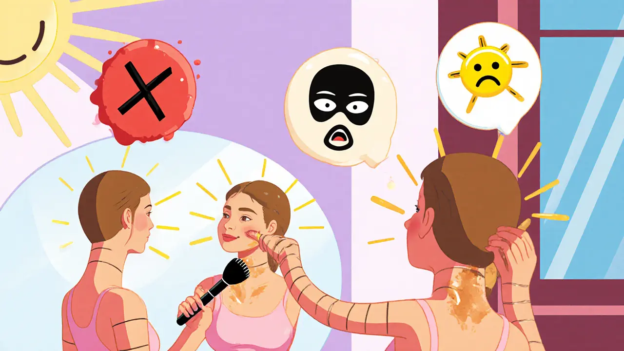 Женщина растушёвывает бронзер на шее, её отражение в зеркале показывает идеальный естественный загар, вокруг — мультяшные ошибки.