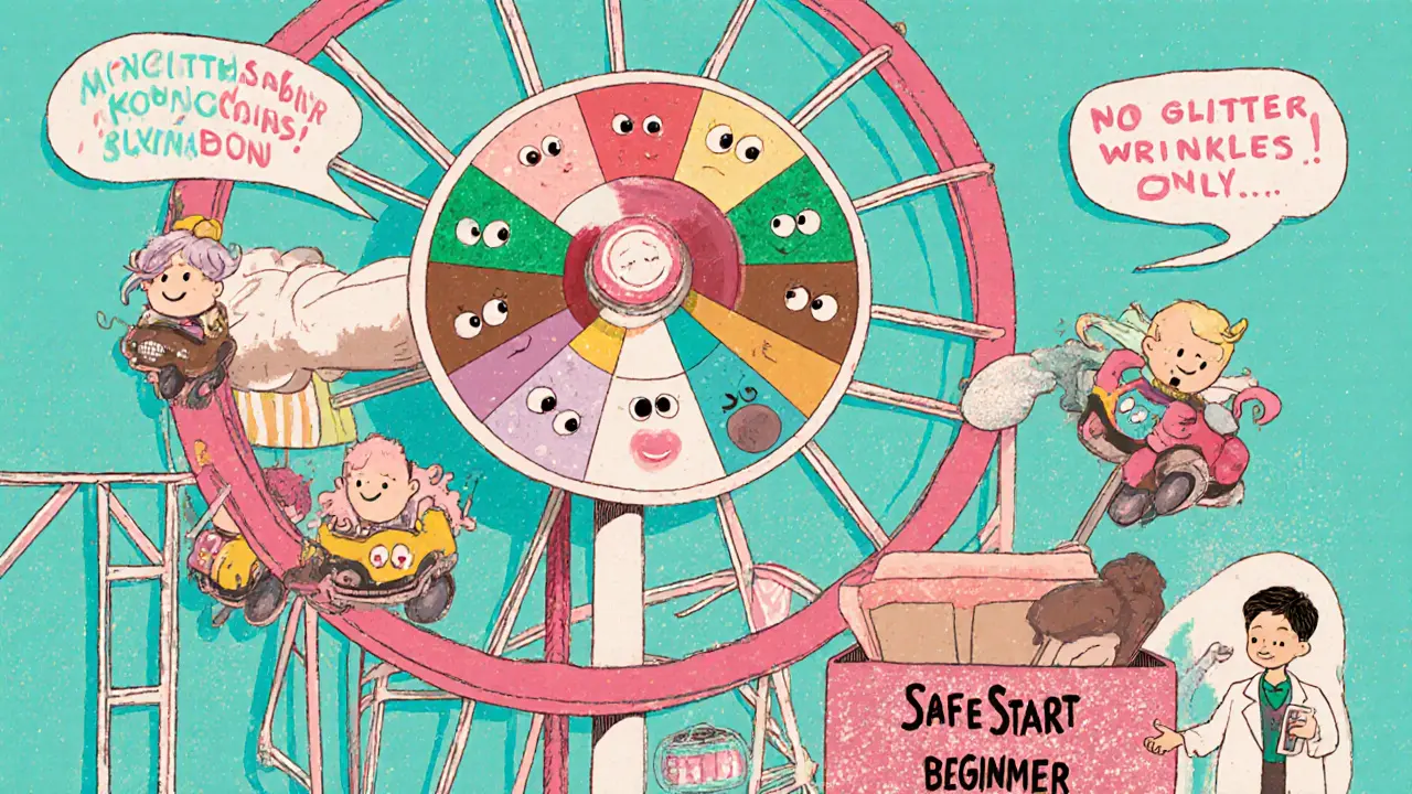 Мультяшная палитра как карусель с выбором теней по цвету глаз, типу кожи и финишу.