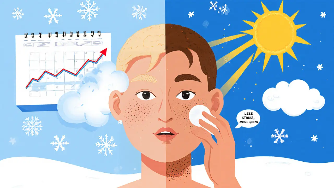 Лицо меняется с зимы на лето, используя только три средства ухода, солнце и снег — символы сезонов.