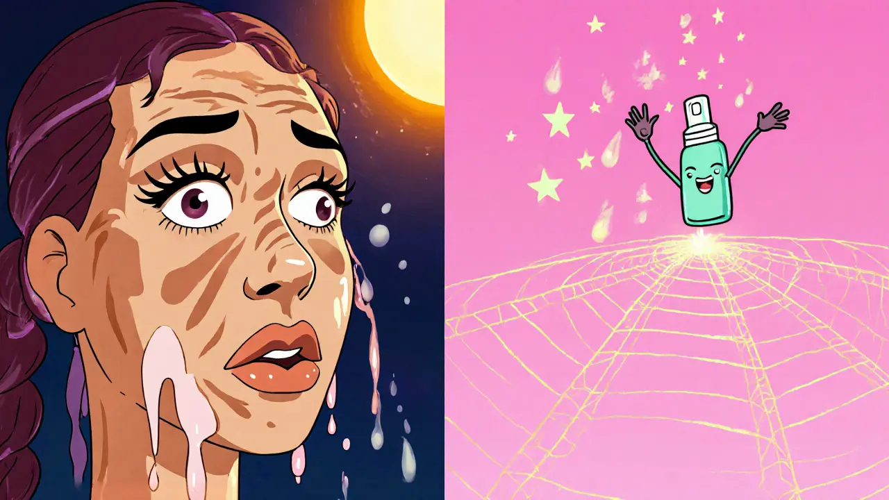 Разделенная сцена: грязный макияж слева и идеальный — справа, удерживаемый гибкими нитями.