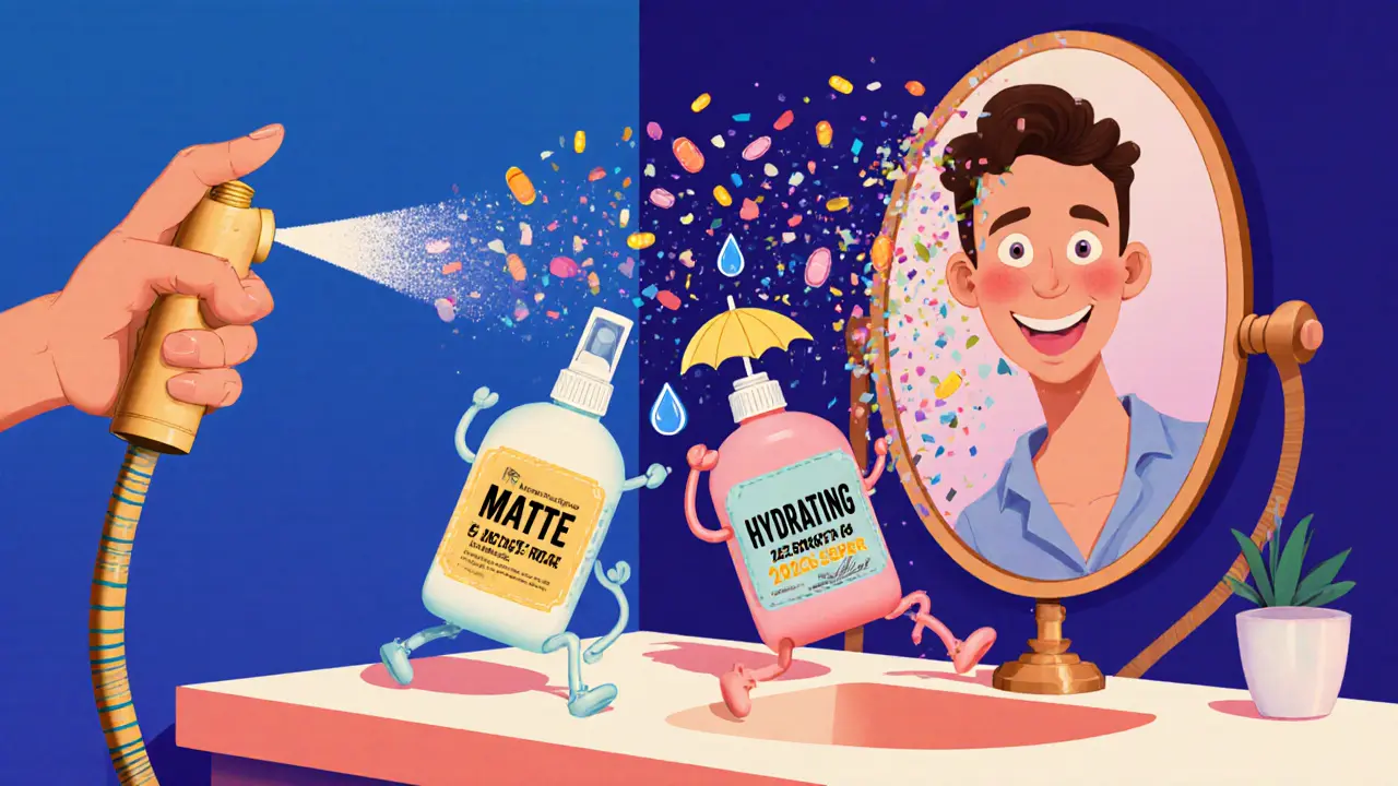 Три забавные бутылочки фиксатора танцуют на прилавке, а рука распыляет их в правильном порядке.