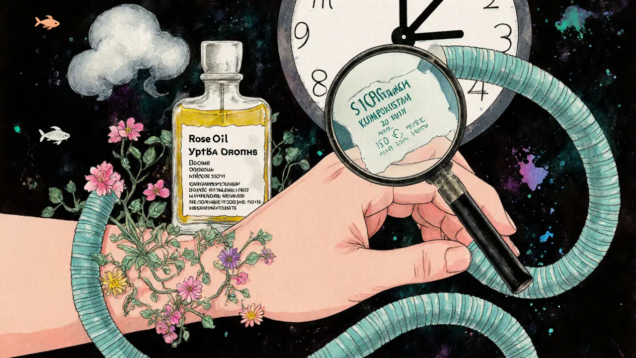 Человек тестирует аромат, а из запястья растут цветы и дым, над бутылкой видна цена розового масла и снимающаяся наклейка &#039;ароматическая композиция&#039;.