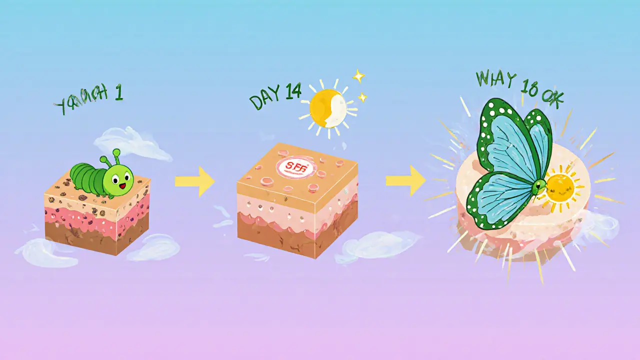 Гусеница превращается в бабочку за 28 дней, её кожа становится гладкой, а солнцезащитный крем — сияющими крыльями.