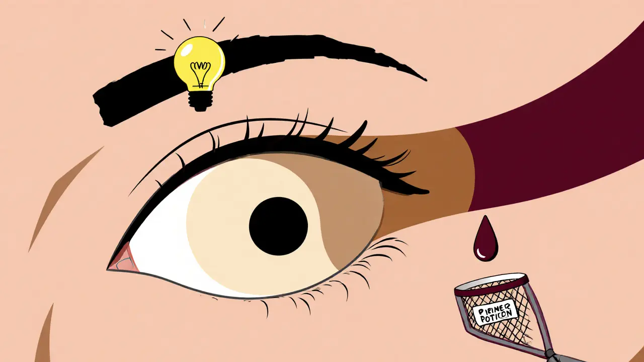 Крупный план глаза с тремя цветовыми зонами макияжа: светлая база, теплый объем и темный акцент, светловые лучи создают иллюзию выпуклости.