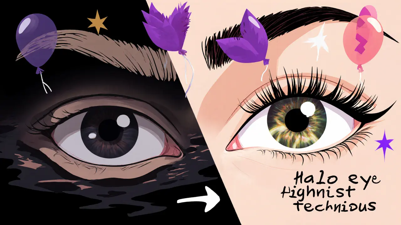 Сравнение до и после: впалый глаз превращается в объемный с помощью светлых теней и подчеркнутых ресниц, как будто глаза раскрываются как воздушные шары.