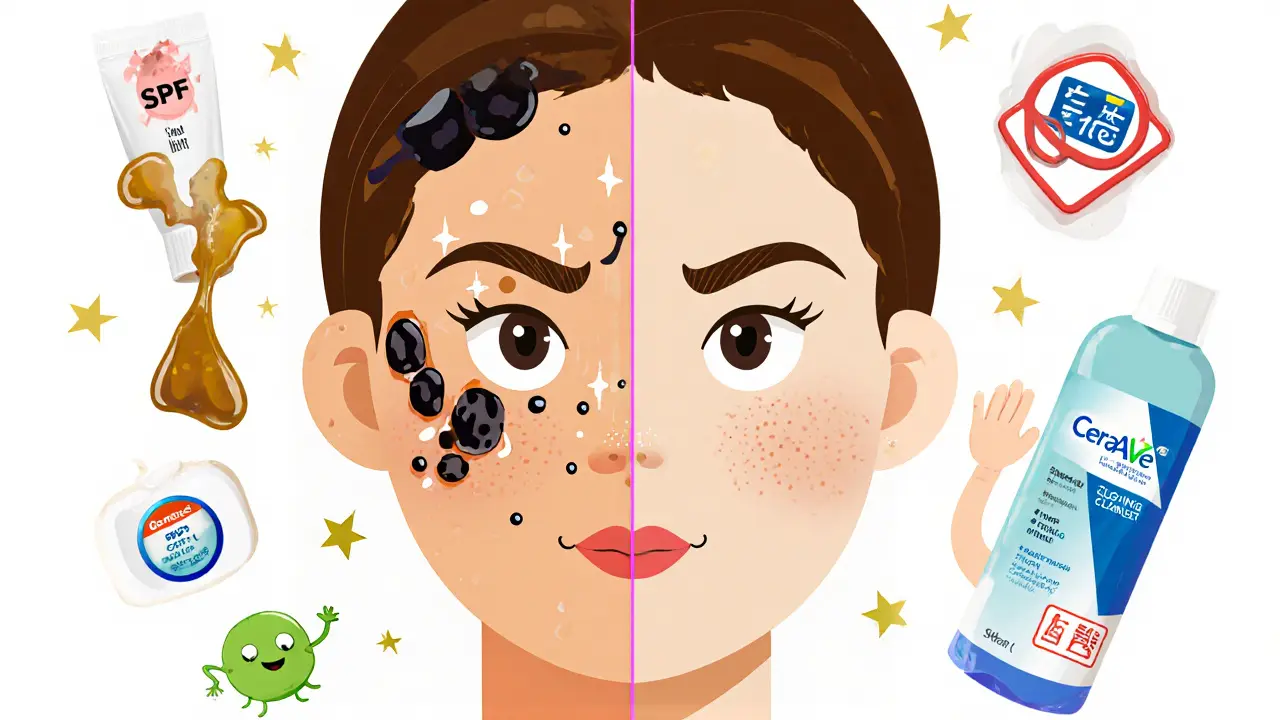 Сравнение лица: до — с черными точками и липкой пленкой, после — гладкое и сияющее.