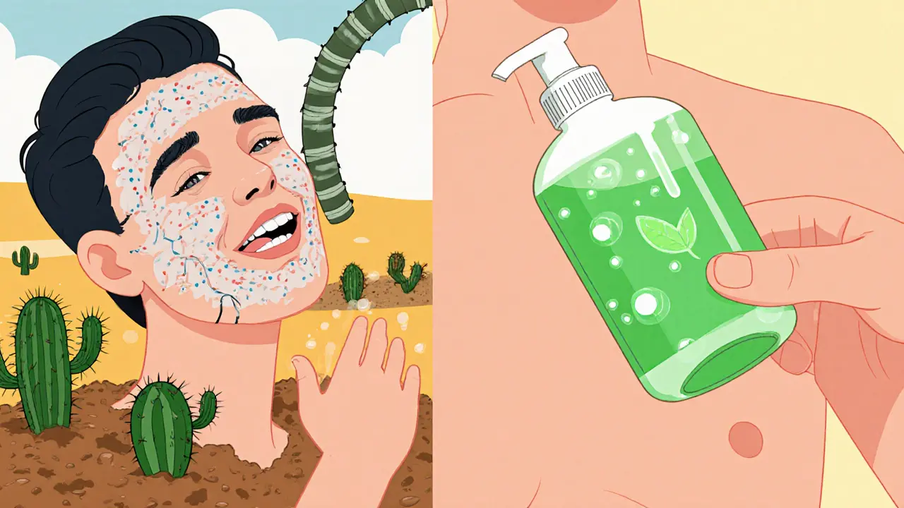 Сравнение: одна сторона лица с трескающейся кожей и кактусами, другая — гладкая и сияющая с весёлыми каплями.