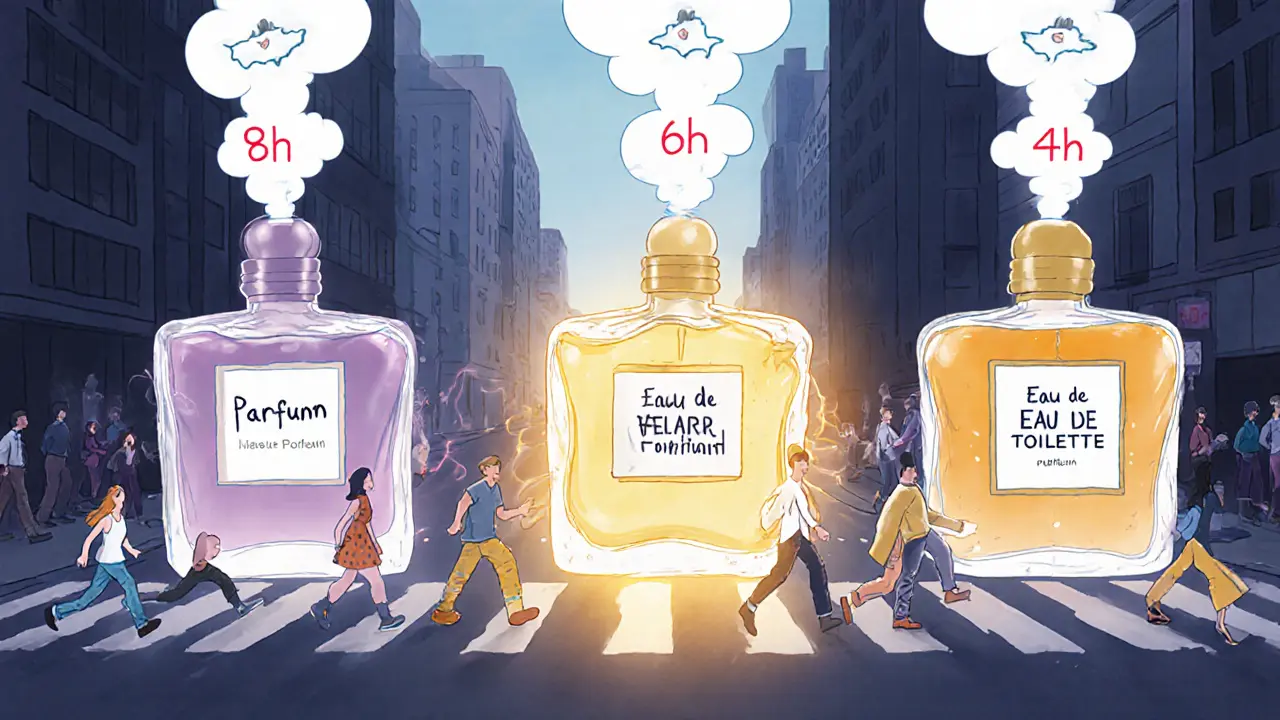 Три гигантские резиновые флаконы духов на улице: один светится и держится долго, другие исчезают в тумане, символизируя стойкость.