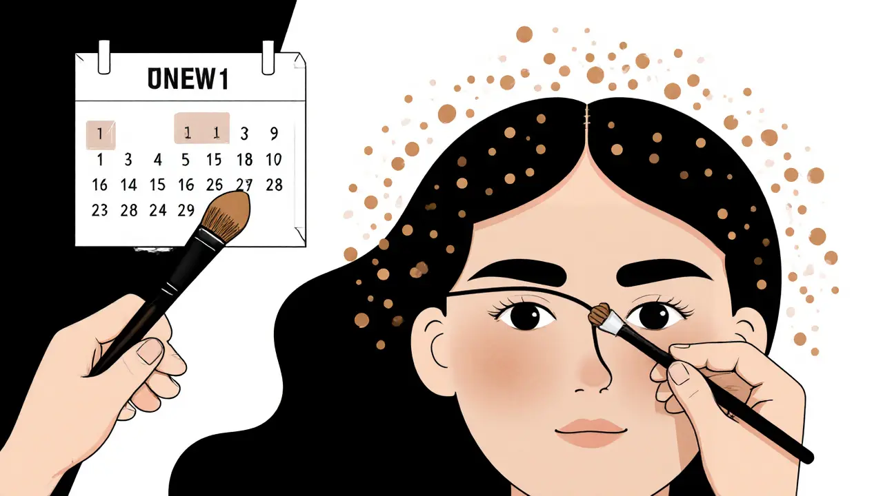 Визажист аккуратно наносит крем вдоль линии роста волос тонкой кистью, частицы продукта создают сияние.