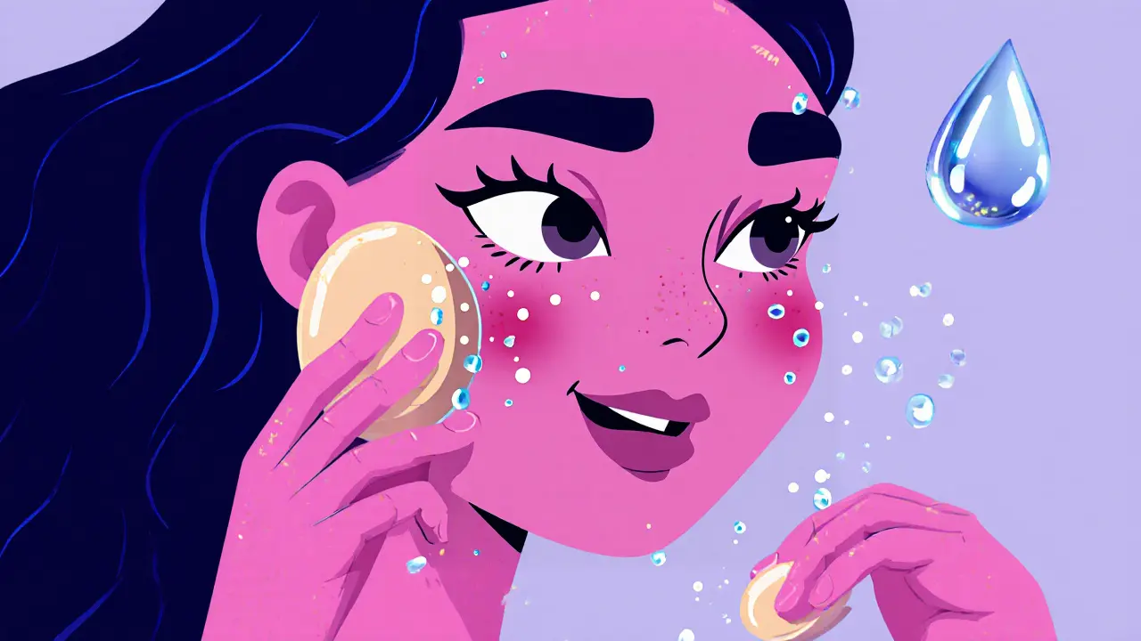 Женщина использует влажный спонж, чтобы растушевать тональный крем, спонж прыгает, как резиновый мячик.