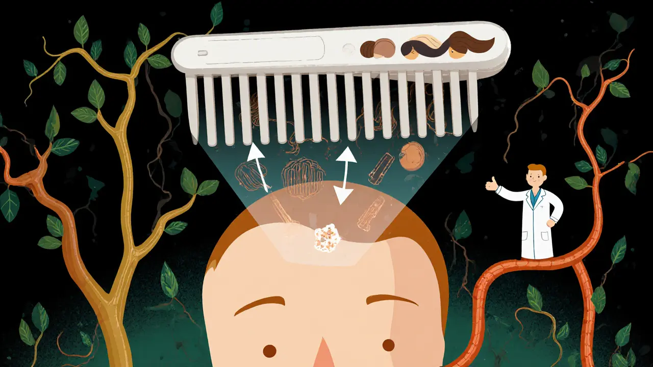 Футуристическая расческа с голографическим анализом типа волос, выбирает идеальный материал.