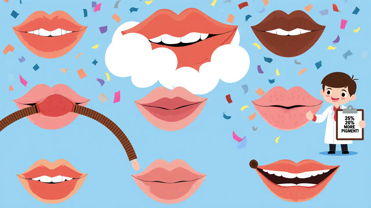 Разные формы губ корректируются растягивающимися карандашами, создавая визуальные изменения в мультяшной стилистике.