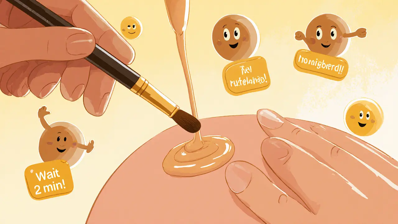 Рука наносит тональный крем кистью на гладкую кожу, смеющиеся силиконовые молекулы наблюдают.