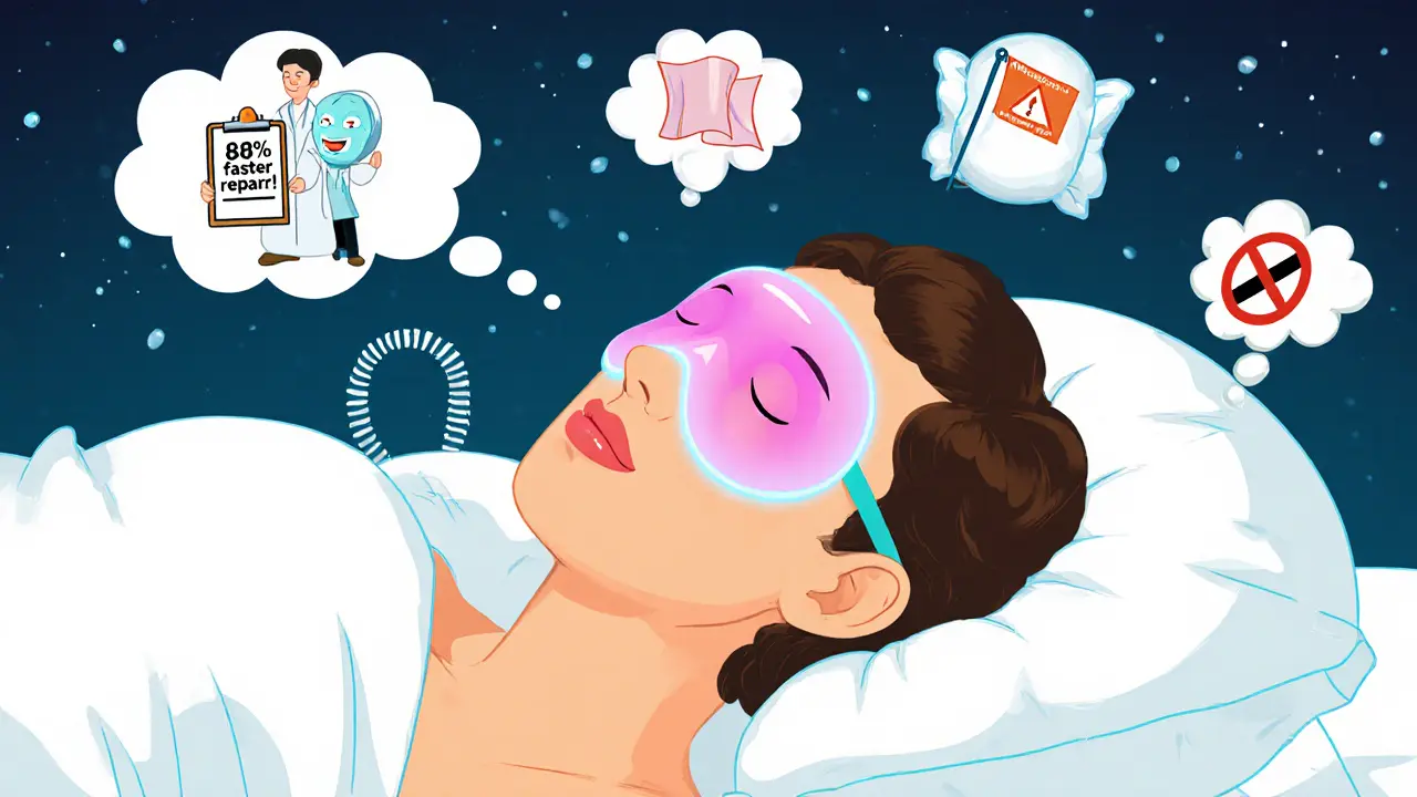 Спящий человек с губами, меняющими цвет от увлажнения, вокруг — волшебные подсказки о восстановлении.