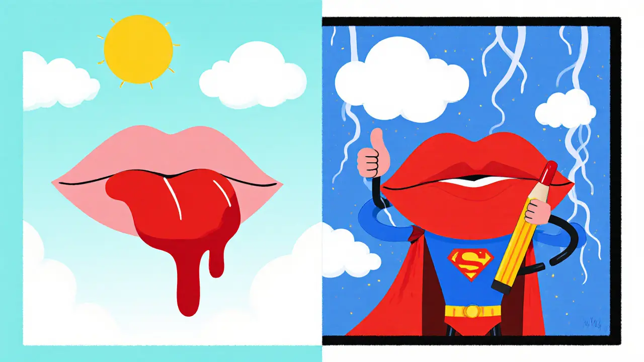 Сравнение: размытые губы с помадой слева и идеальные — с карандашом справа, как супергеройский переход.