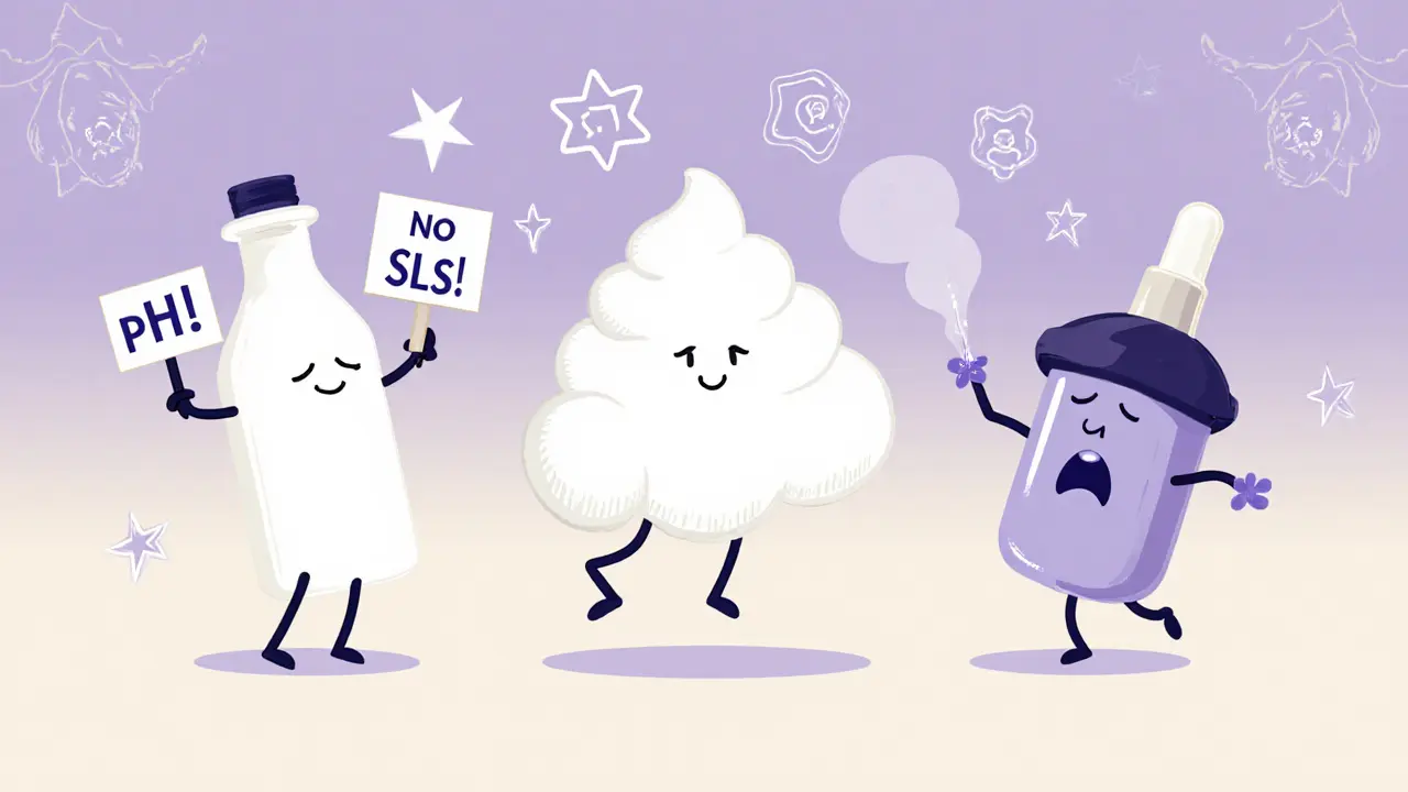 Три очищающих средства в виде персонажей: молочко, мусс и гель с ферментами, дружелюбно окружают лицо.