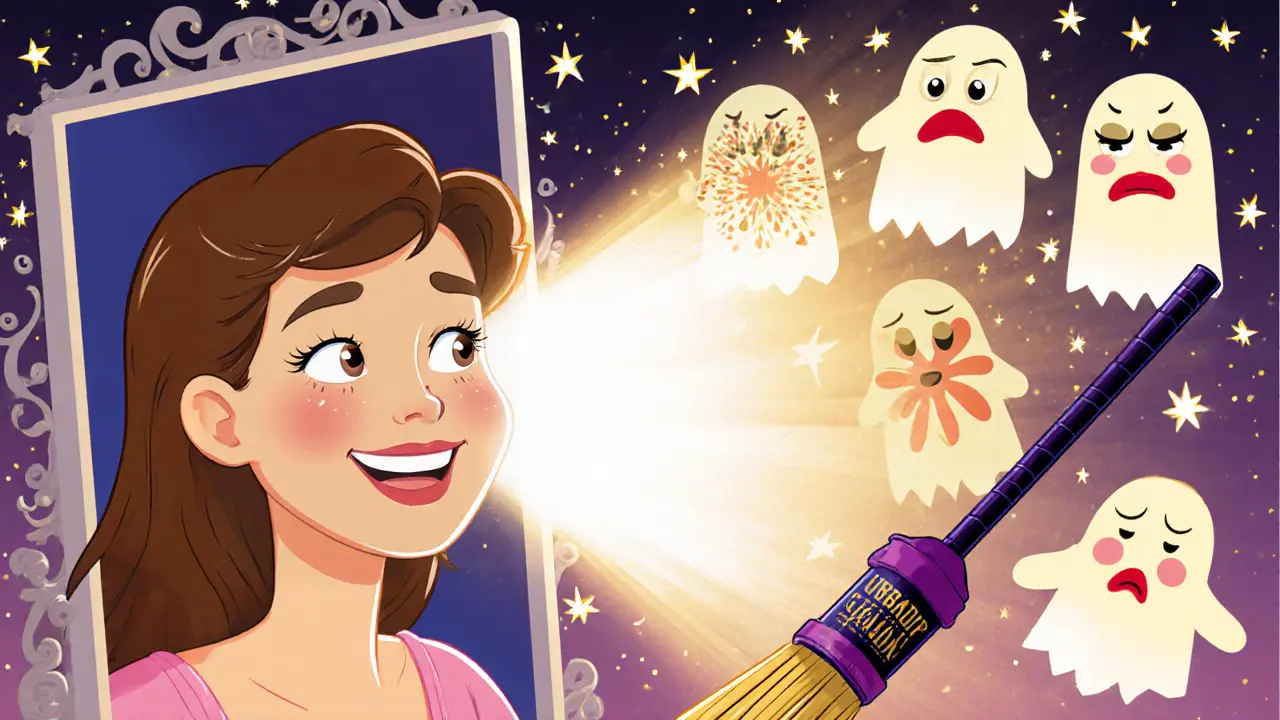 Уверенная женщина смотрит в зеркало, а за ней исчезают мультяшные ошибки макияжа.