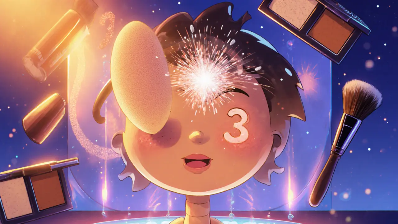 Весёлая анимация пяти шагов макияжа: спонж, бронзер и жидкий шиммер в стиле резиновой трубки.