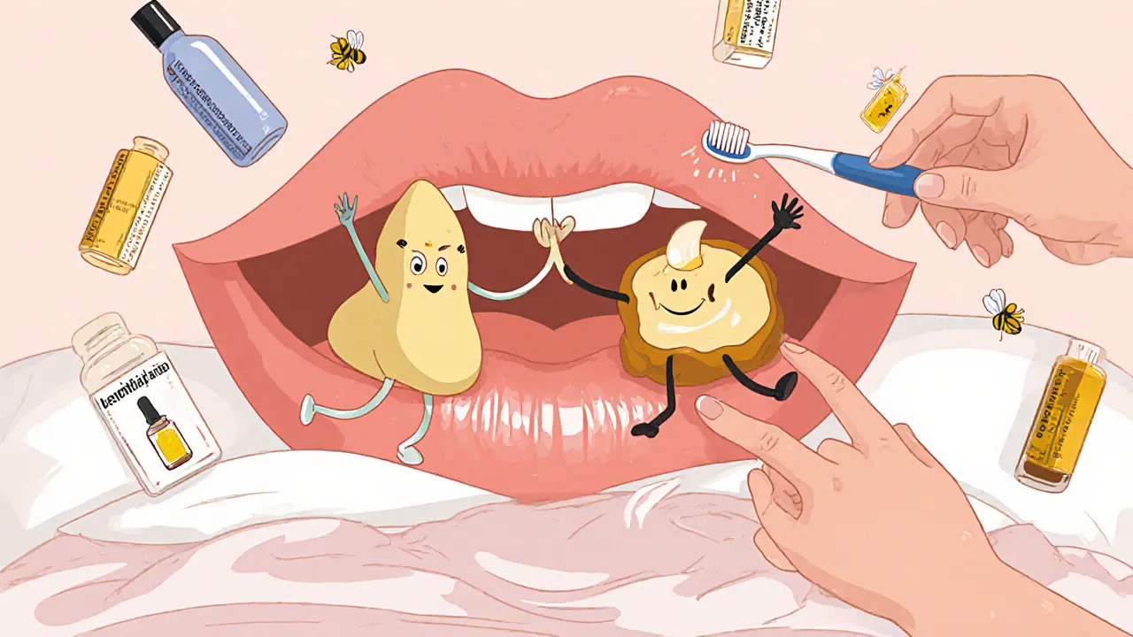 Весёлые персонажи-ингредиенты — гиалуроновая кислота, масло ши и воск — празднуют на губах.