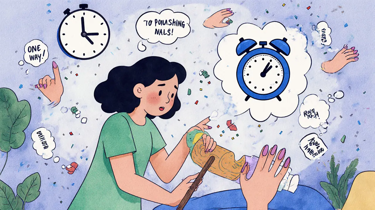 Женщина тренируется на палочке, с таймером и растущими красивыми ногтями в стиле мультфильма.