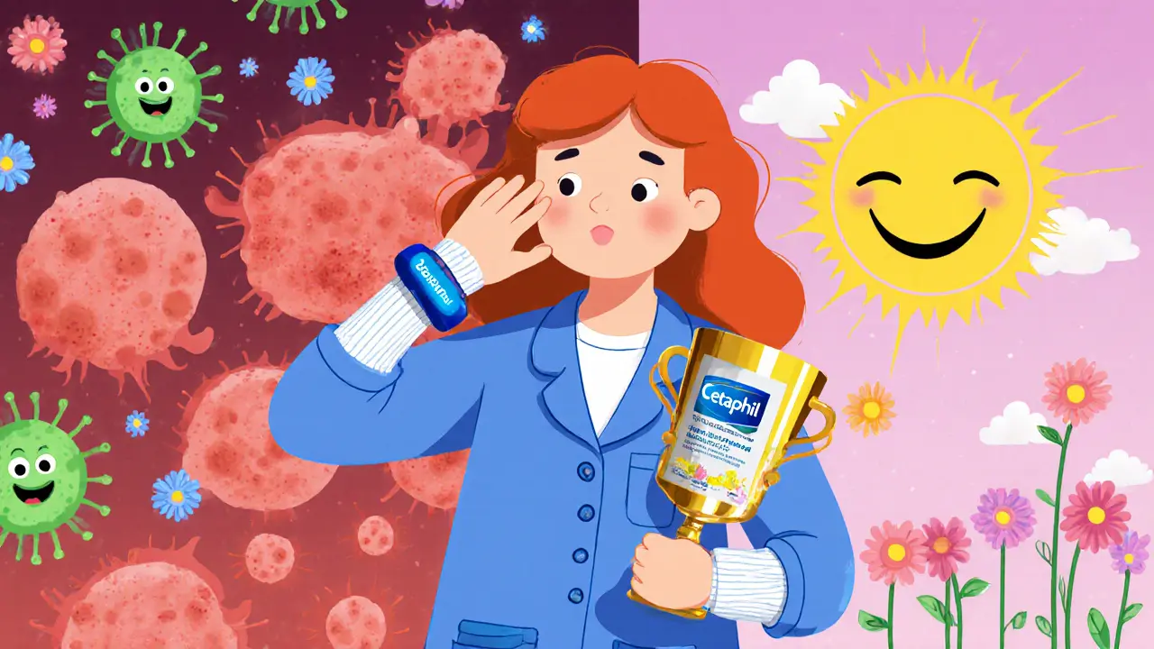 Браслет DermAlert останавливает руку, а на фоне — до и после акне с веселыми элементами.