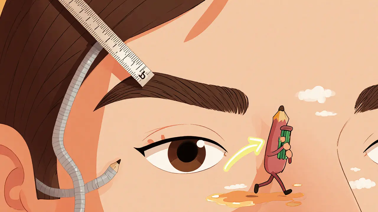 Бровь с хвостом, точно отмеренным лентой, рядом падает тающий карандаш, а стрелка указывает на внешний угол глаза.