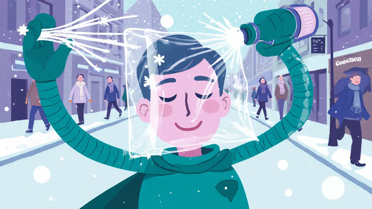 Бутылочка-спрей обволакивает лицо защитной плёнкой, снег и ветер отскакивают, лицо спокойно и идеально.