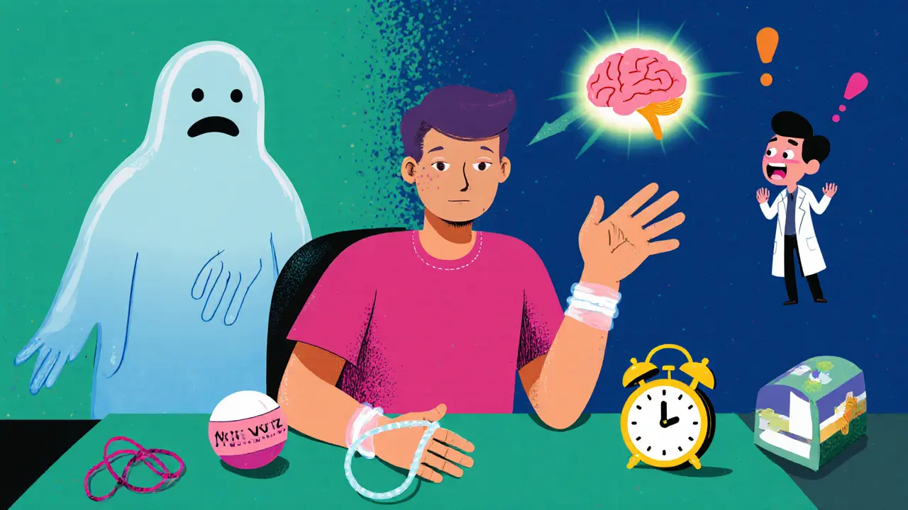 Человек использует резинку, пластыри и игрушку, чтобы не трогать лицо, с будильником &#039;Руки вниз&#039;.